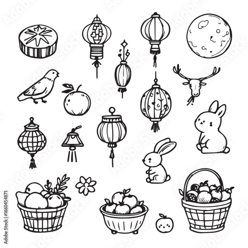 A collection of mid autumn festival themed line art illustrations