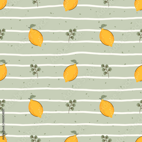 Seamless vector pattern of lemons and leaves on a checkered background. Bright, fresh and summery design ideal for textiles, packaging, kitchen decor and seasonal projects