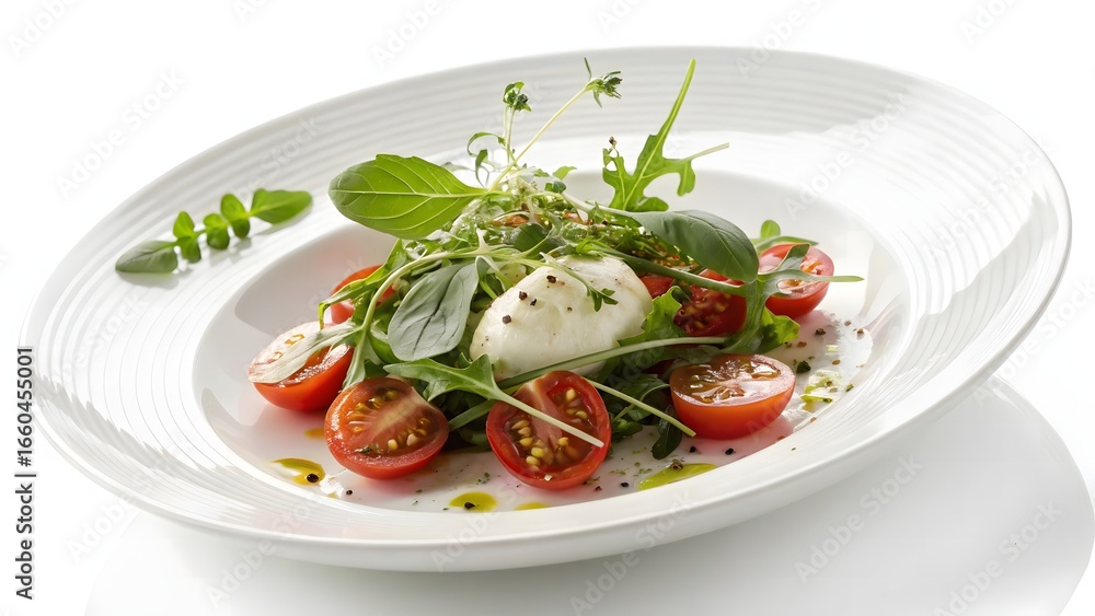 Gourmet plated dish with fresh greens cherry tomatoes and mozzarella cheese served on a white plate white background Gourmet plated dish with fresh greens cherry tomatoes and mozzarella cheese served on a white plate white background