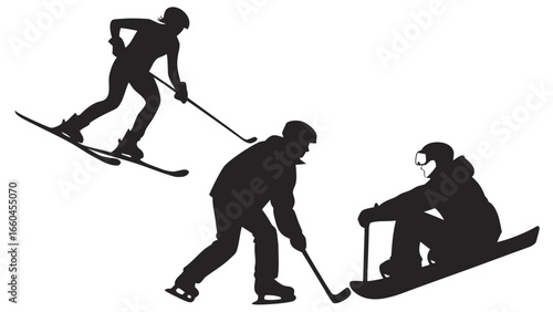 Winter sports silhouette featuring skiing snowboarding and ice skating with golf clubs for a unique twist