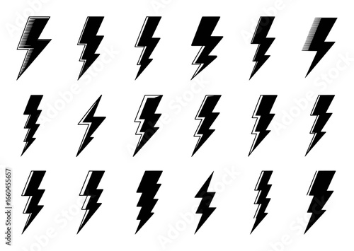 Collection of Black Lightning Bolt Icons and Symbols on White Background