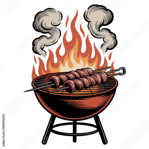 Delicious Shish Kebab Skewers Grilling over Fiery Flames with Rising Smoke a Culinary Delight for Outdoor Picnics and Barbecues