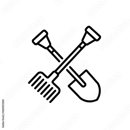 Garden Tools Icon Design featuring a Shovel and Rake Crossed for Gardening and Landscaping Applications