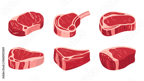 Assortment of Fresh Raw Beef Steaks on White Background for Culinary and Food Industry Projects and Gourmet Meat Displays