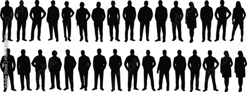 Group of business people silhouettes standing together in formal attire, teamwork concept, corporate meeting, professional staff, leadership, flat vector 