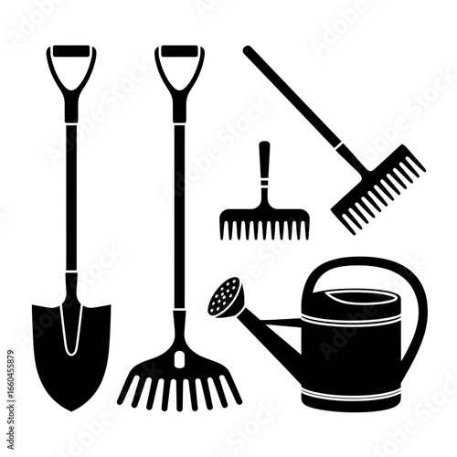 Vector Illustration of Essential Gardening Tools Black Silhouettes for Gardeners and Landscape Design Projects Needs Equipment like Rake Shovel and Watering Can