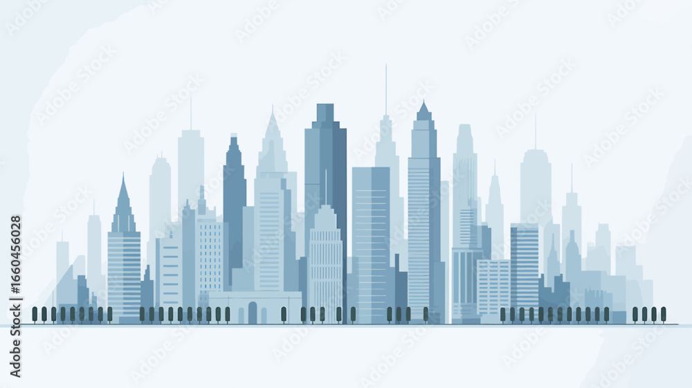 Obraz premium Modern Cityscape Silhouette in Pale Blue Tones Vector Illustration Representing Urban Development and Architectural Design With Trees