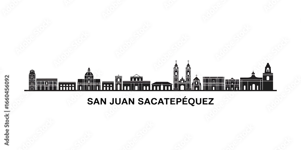 Obraz premium San Juan Sacatepquez Guatemala Skyline Silhouette Vector Illustration with Prominent Landmarks and Architectural Details Against a White Background