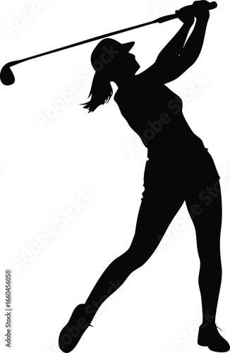 Silhouette of a golfer swinging her club with force