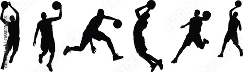 Silhouettes of basketball players in action, jumping, shooting, dribbling, dynamic sports poses, athletic movement, team game, competitive basketball, flat 