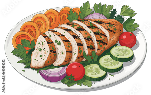 Grilled Chicken Breast with Roasted Carrots Cucumber Slices Tomato and Red Onion on a White Plate Illustration