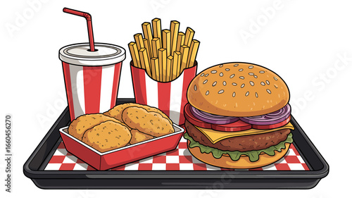 Delicious fast food meal with burger fries chicken nuggets and soda on a tray ready to eat