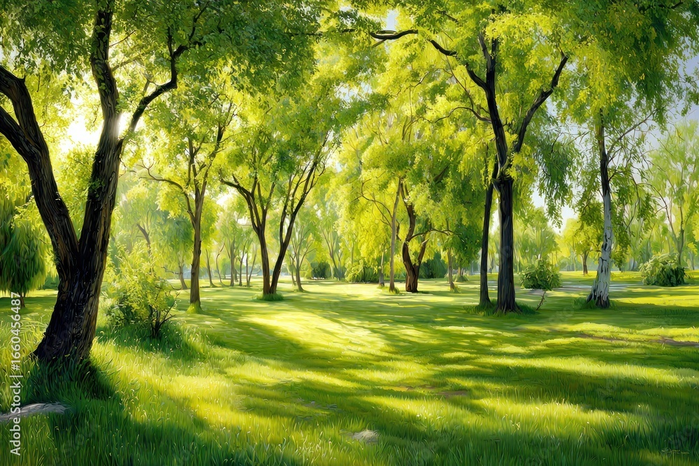 Fototapeta premium Lush green trees casting shadows on a sunny meadow.