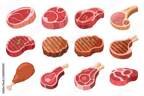 Selection of Fresh Cartoon Style Meat Cuts Including Steak Chops and Drumstick Isolated on White Background