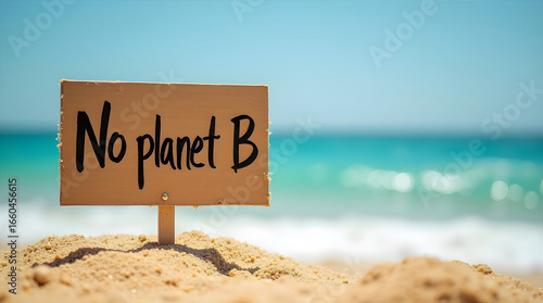 Sign with text no planet b on sandy beach with blue sea environmental awareness message