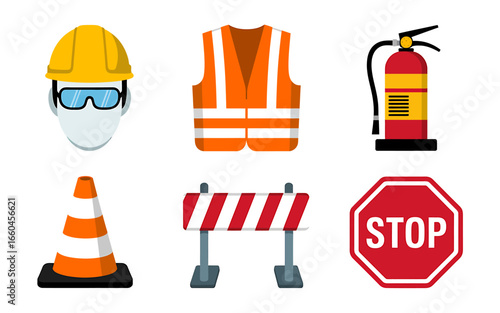 Safety Gear and Road Hazard Awareness Icons Featuring Hard Hat Vest Fire Extinguisher Traffic Cone Barrier and Stop Sign