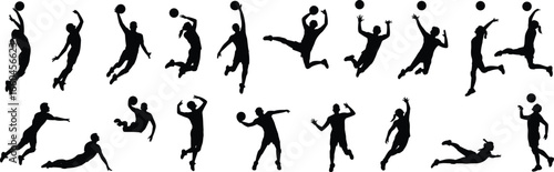 Silhouette volleyball players in action, jumping, spiking, diving, teamwork, sports motion, athlete performance, dynamic pose, flat vector illustration, isolated design
