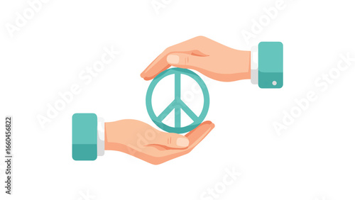 Two hands gently cradling and protecting a teal peace symbol against a clean white background, symbolizing care and preservation of peace.