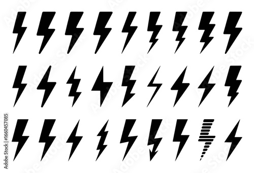 Collection of Black Lightning Bolt Icons on White Background