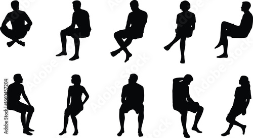 Silhouette of sitting people, various seated poses, man and woman, casual sitting, resting position, flat vector illustration