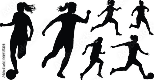 Female soccer player silhouettes, running and kicking, dynamic sports action, football training, fitness illustration, flat vector illustration