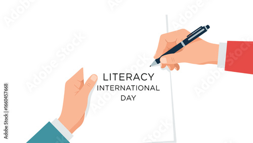 Two hands collaborate on a document, one holding paper with "Literacy International Day" while the other writes with a pen, symbolizing education and global awareness.