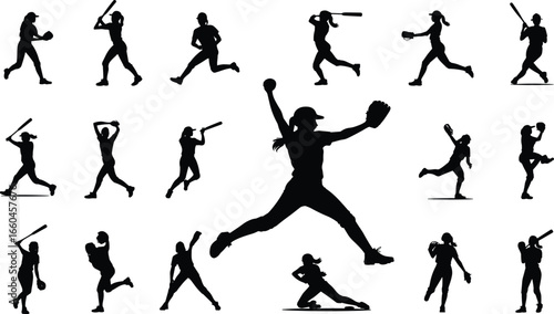Silhouettes of female softball players in various actions, pitching, batting, running, catching, teamwork and sports, flat vector illustration 