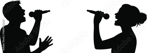 Silhouettes of man and woman singing into microphones, music performance, karaoke, vocal expression, entertainment, concert, sound, passion, 