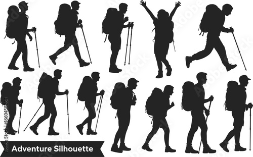 Silhouettes of hikers with backpacks and trekking poles, outdoor adventure, hiking trail, nature exploration, mountain trekking, active lifestyle, travel, camping, flat vector illustration