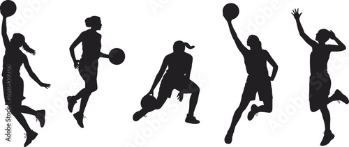 Basketball players in dynamic action poses, dribbling, dunking, jumping, silhouette illustration, sports energy, women playing basketball, flat vector