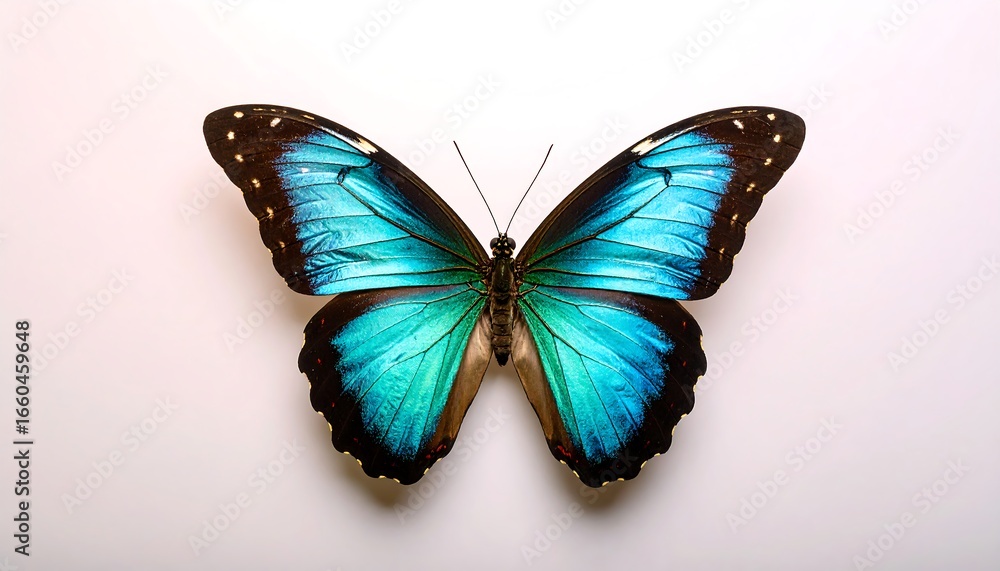 Fototapeta premium Vividly colored turquoise and dark brown butterfly with delicate wings, displayed against a plain white background, showcasing intricate detail.