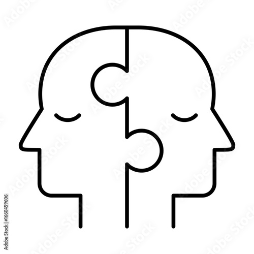 Two heads puzzle line icon. Complementary minds. Symbol of teamwork, communication, adaptability and coworking. Problem solving, collaboration, and collective intelligence. Vector illustration.