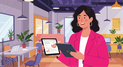 a female entrepreneur holding a tablet in a bright co-working space.