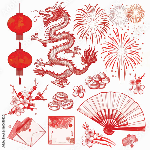 Illustration of chinese new year elements with dragon and lanterns