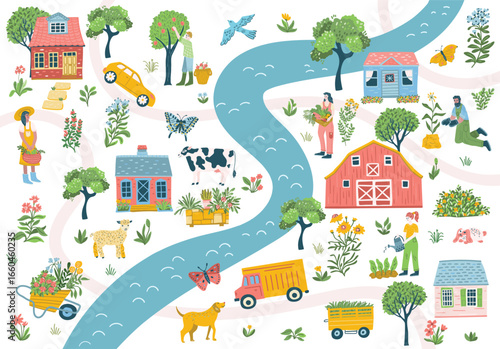Life at the Farm Custom Map Creator – Vector Clipart Set with Houses, Animals, Nature, Tractors, Backgrounds
