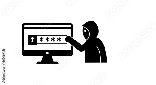 Cybersecurity threat: silhouette of hacker accessing password on computer
