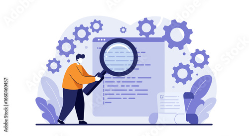 Man analyzing code with magnifying glass and gears on monitor