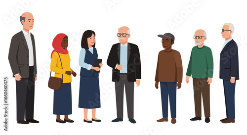 Diverse group of elderly individuals engaging in conversation in flat style
