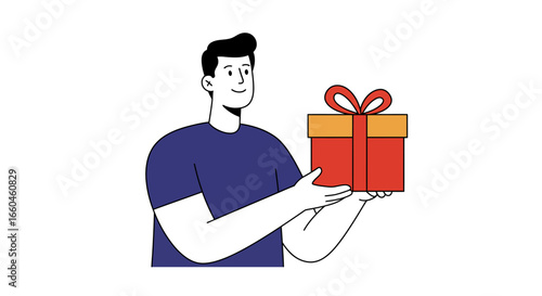 Man holding gift box with bow in minimalist style