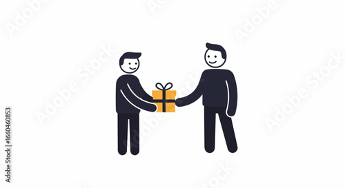 Two cartoon figures exchanging a gift with smiles on a white background