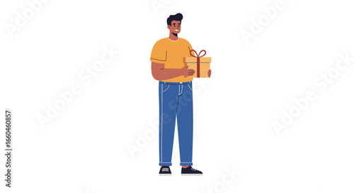 Happy young man giving a wrapped gift with a smile in casual outfit