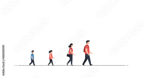 Family walking in minimalist flat design on a white background