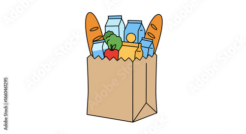 Grocery bag filled with food essentials in a colorful hand-drawn style