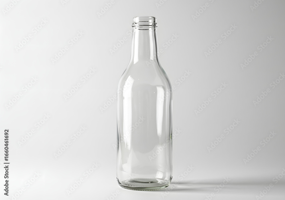 Empty, clear glass bottle standing upright against a plain white background, casting a soft shadow. Empty, clear glass bottle standing upright against a plain white background, casting a soft shadow.