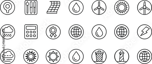 Climate and environment icon set, representing renewable energy, weather patterns, and environmental conservation efforts