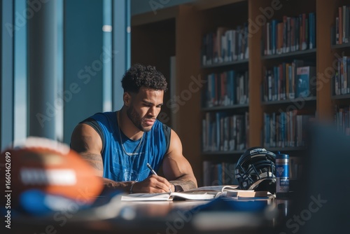 Focused university athlete studying in a modern library, writing notes at a desk in soft evening light, showcasing dedication, discipline, and academic commitment