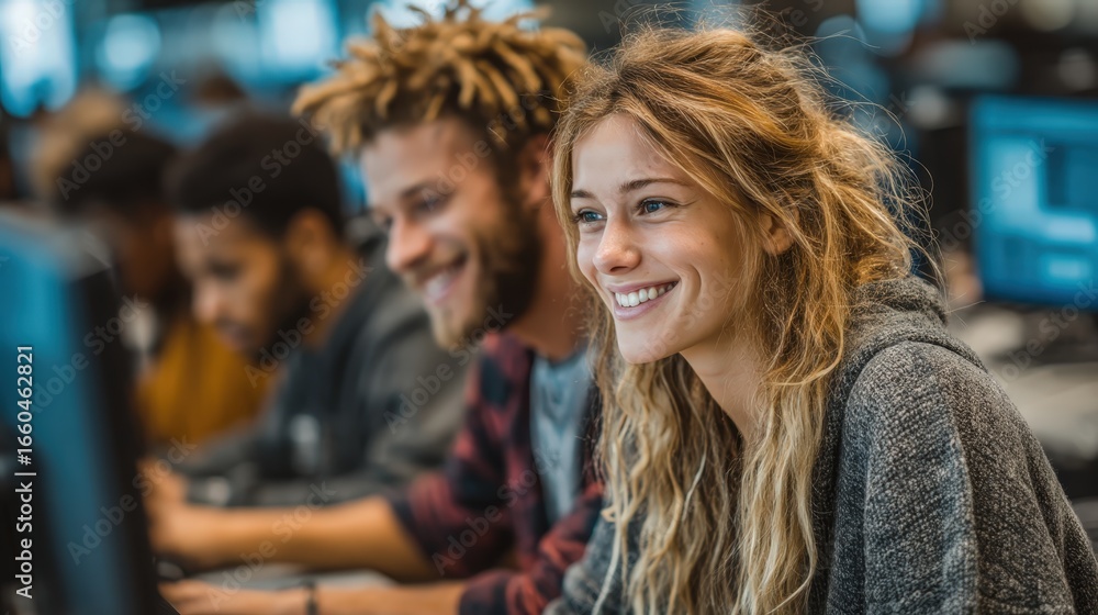 Fototapeta premium Smiling diverse students learning at computers in modern classroom, young woman in focus with casual sweater, teamwork and digital skills education