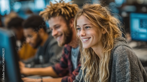 Smiling diverse students learning at computers in modern classroom, young woman in focus with casual sweater, teamwork and digital skills education
