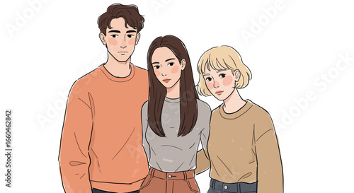 Three friends posing in casual outfits with blank background