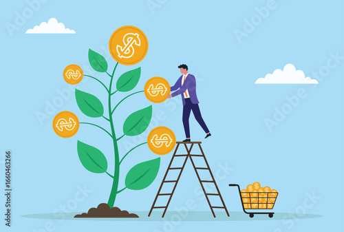 Vector illustration of a businessman standing on a ladder collecting money from a tree, symbolizing harvesting financial rewards, investment returns, and growing wealth
